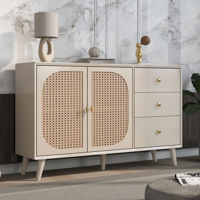 Buffet Salon  Commode Meuble sur pied Buffet de rangement 120x40x82.5 cm avec portes et tiroirs (Blanc cassé Beige)
