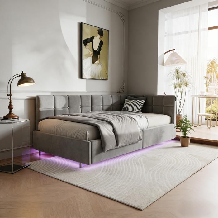 Lit coffre 90x200 avec LED cadre de lit rembourré en velours rangement hydraulique USB et Type-C structure à lattes Gris