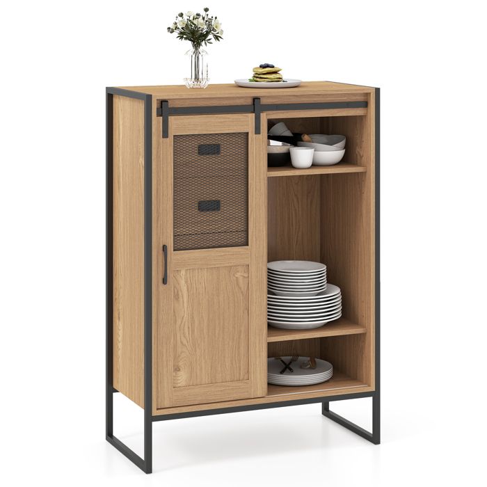 COSTWAY Armoire Rangement avec Porte Coulissante 5 Tiroirs et Étagères Réglables pour Salle de Bain Salon Cuisine Naturel COSTWAY Armoire Rangement avec Porte Coulissante 5 Tiroirs et Étagères Réglables pour Salle de Bain Salon Cuisine Naturel