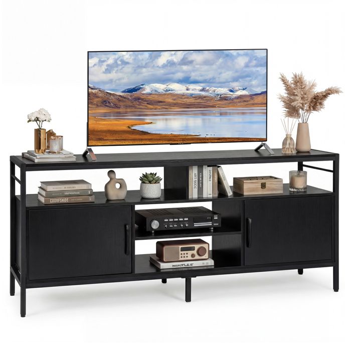COSTWAY Meuble TV pour TV 65 avec 2 Armoires de Rangement et 4 Étagères Ouvertes Pieds Métalliques pour Salon Chambre Noir COSTWAY Meuble TV pour TV 65 avec 2 Armoires de Rangement et 4 Étagères Ouvertes Pieds Métalliques pour Salon Chambre Noir