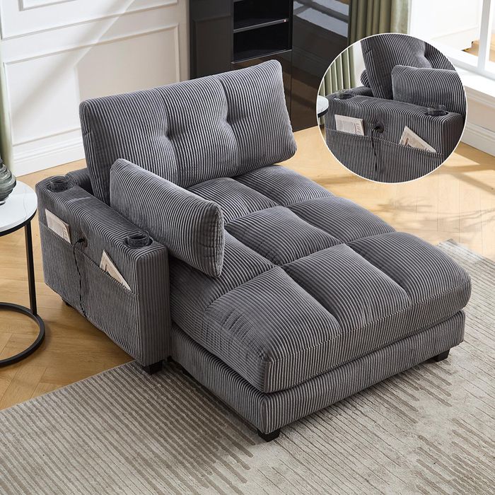 Fauteuil - Fauteuil Palm - velours côtelé gris - accoudoirs roulants interchangeables - porte-gobelets poche & USB