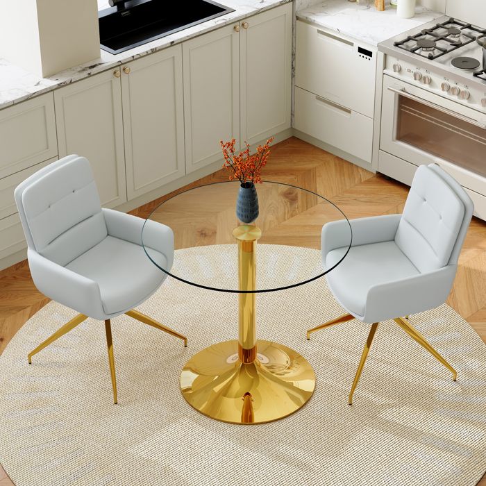 Table ronde en verre avec chaises pivotantes - Diamètre 85 cm - Hauteur 76 cm - Verre trempé - Métal doré