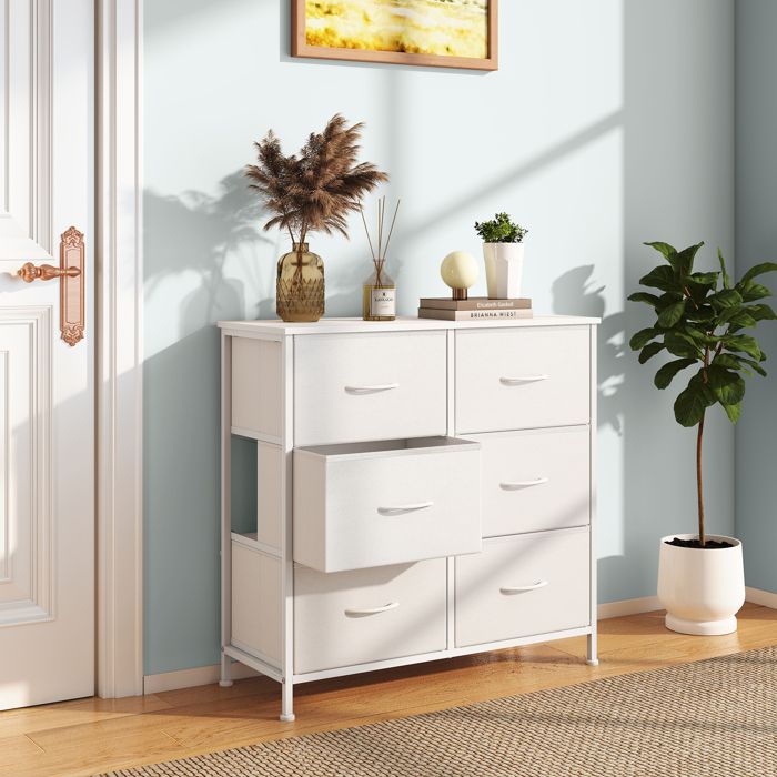 Commode de Chambre 6 Tiroirs Acier Panneau MDF Tissu Non-tissé Blanc Nuage et Blanc Neige