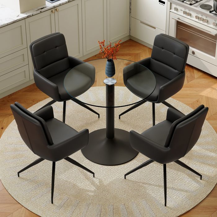 Ensemble table et chaises - Table ronde en verre trempé - Base en métal noir - Chaises pivotantes 360° - Matériau PU