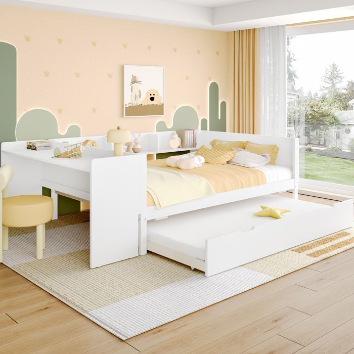 Lit Combiné 140 × 200 cm avec Bureau Lit Gigogne et Étagères - TCQPZ - en Pin et Panneaux de Particules Blanc