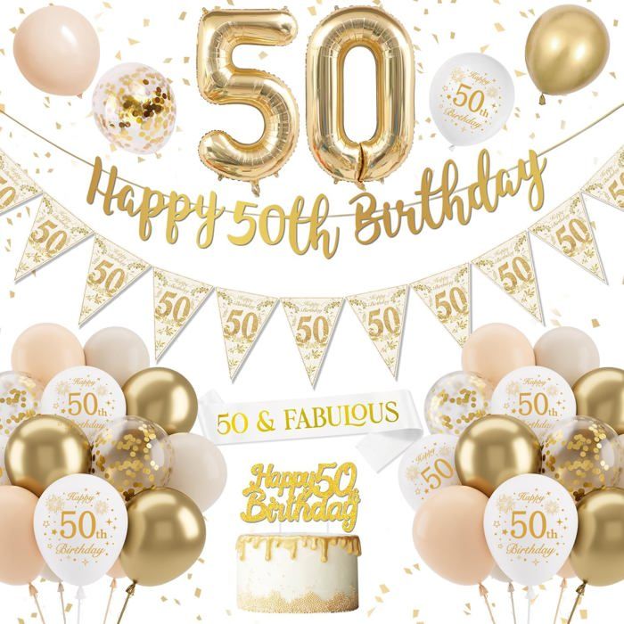 Décoration Anniversaire 50 Ans Femme - Ballons Blanc Or Confettis Latex Bannière Joyeux Anniversaire[DA32]