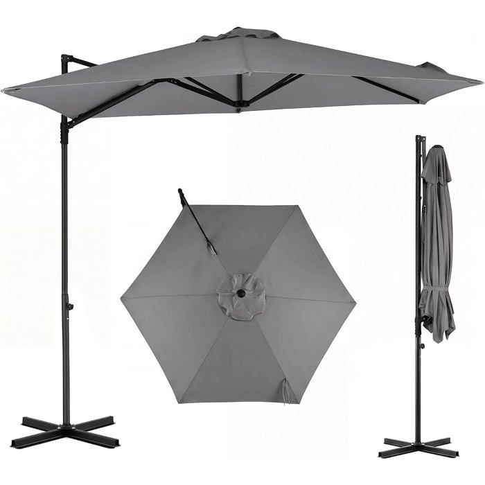 Parasol Déporté Hexagonale 290 cm COSTWAY Base en Croix Pivotant à 360° Toile Inclinable Ombrage Parasol de Jardin Gris