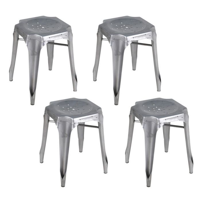 Lot 4 tabourets vintage empilables en métal gris argenté - METALICA Meubletmoi Lot 4 tabourets vintage empilables en métal gris argenté - METALICA Meubletmoi