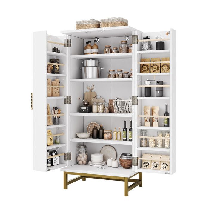 Buffet de Cuisine Blanc et Doré 60×40×130 cm Meuble de Rangement avec Étagères Réglables Crédence Salle à Manger et Salon