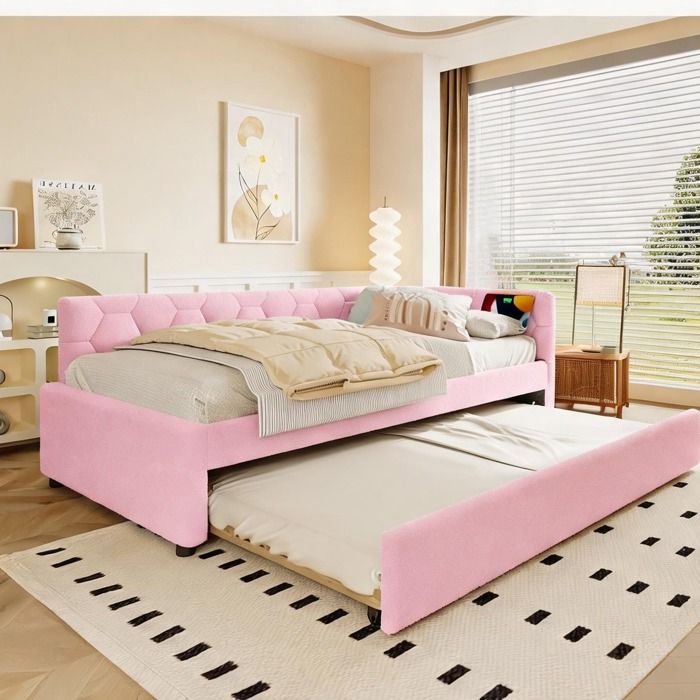 Lit gigogne une place en bouclette rose avec lampe et ports USB-C couchage modulable