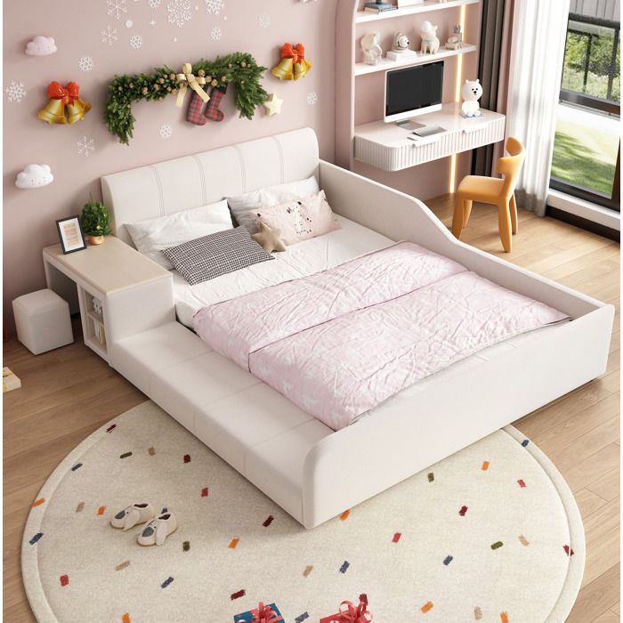 Lit combiné enfant 140 x 200 cm EVRYAE avec bureau tabouret et étagère latérale velours blanc