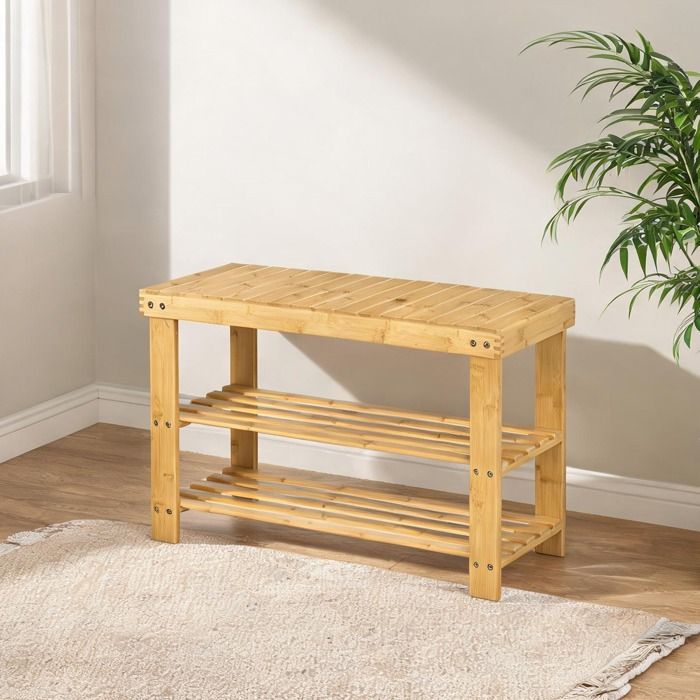 Banc de rangement en bambou naturel – 3 étagères pour 6 paires de chaussures – Design fonctionnel 70 x 28 x 45 cm