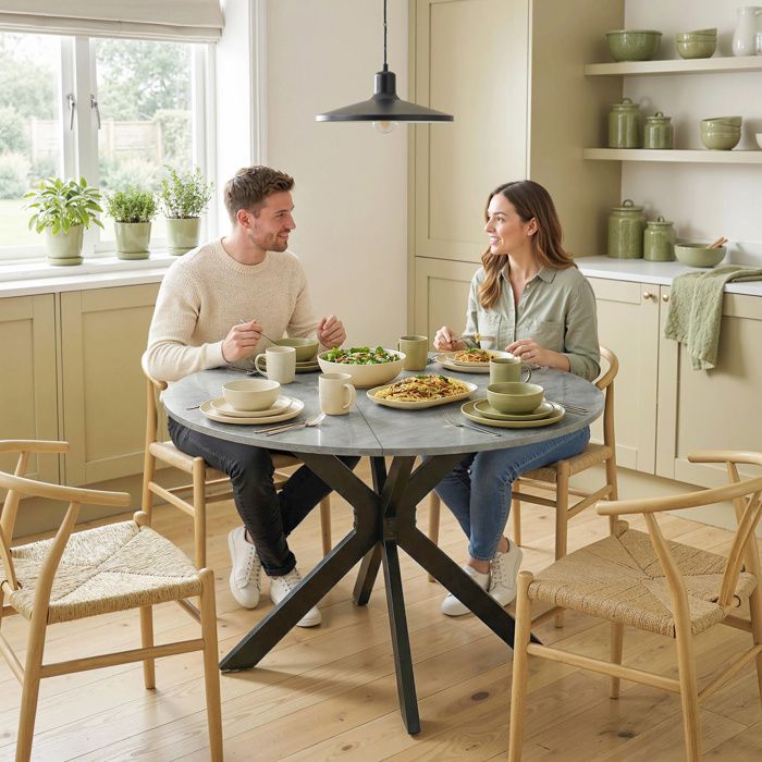 TABLE REPAS - MINIMAL - Table ronde extensible - 2–6 personnes - Cadre acier double X - Plateau mélamine TABLE REPAS - MINIMAL - Table ronde extensible - 2–6 personnes - Cadre acier double X - Plateau mélamine