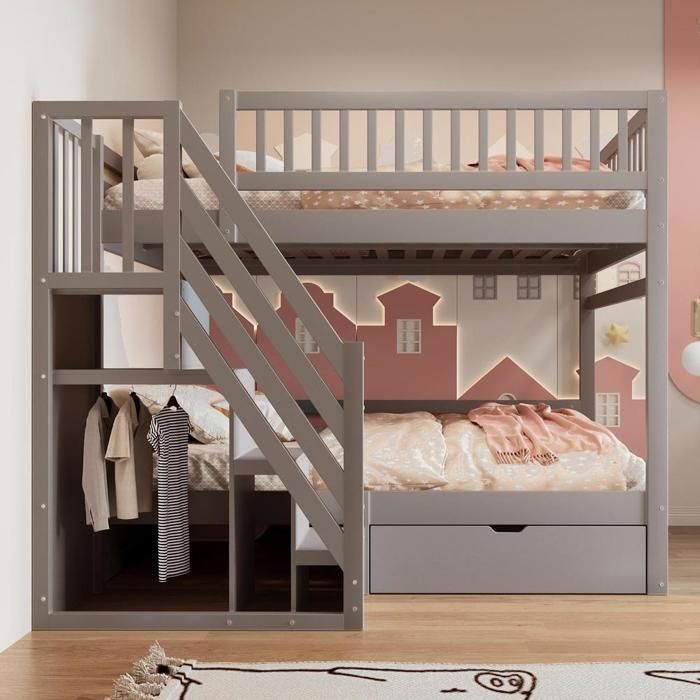 Lit superposé - KOMHTOM - 140x200 cm - Bois massif - Escalier avec tiroirs - Garde-corps haut Lit superposé - KOMHTOM - 140x200 cm - Bois massif - Escalier avec tiroirs - Garde-corps haut