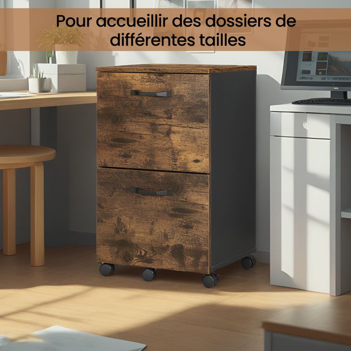 Caisson de bureau avec 2 tiroirs meuble de rangement avec roulettes pour dossiers suspendus au format A4 marron et noir Caisson de bureau avec 2 tiroirs meuble de rangement avec roulettes pour dossiers suspendus au format A4 marron et noir