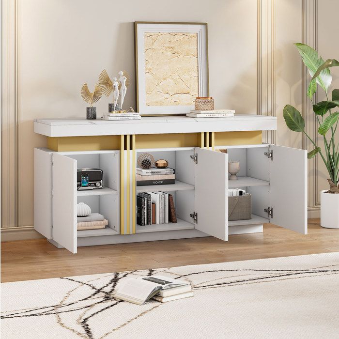 Buffet Bas 3 Portes 6 Compartiments avec Étagères Réglables - BEAUNIV - Blanc Plateau Aspect Marbre 140×38×70 cm