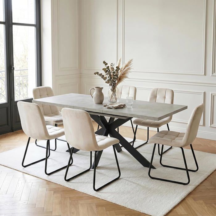 JIEXI Table de salle à manger extensible et 6 chaises 130 à 170 cm table de cuisine en MDF grise avec chaises en velours beige