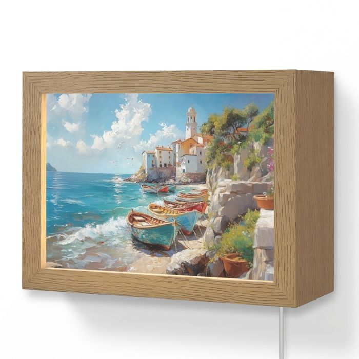 Applique Murale LED - Lampe de Chevet Murale Design - Motif Bateaux - Rochers - Mer - Soleil 20x15 cm Couleur Bleu - OnlyWow