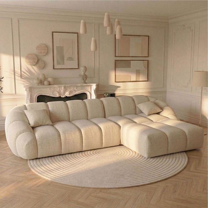 Canapé bulle angle droit en tissu chenille et bois renforcé beige - Serena - Morphea