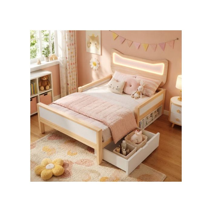 Lit Enfant 90x190 cm Tête de Lit Chat LED Multicolore - Lit simple - Avec Tiroir Rangement et Barrière de Sécurité Blanc Chêne