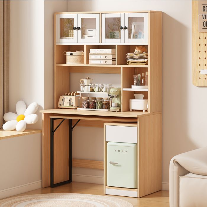 Bureau secrétaire avec rangement pivotant MDF blanc et bois naturel 110x55x180 cm