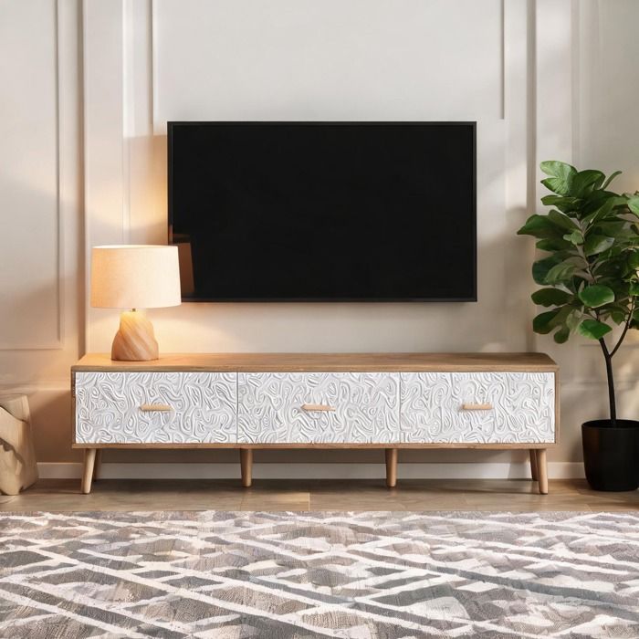 Meuble TV bas 150 cm 3 tiroirs en panneau de particules finition bois clair et portes blanc classique
