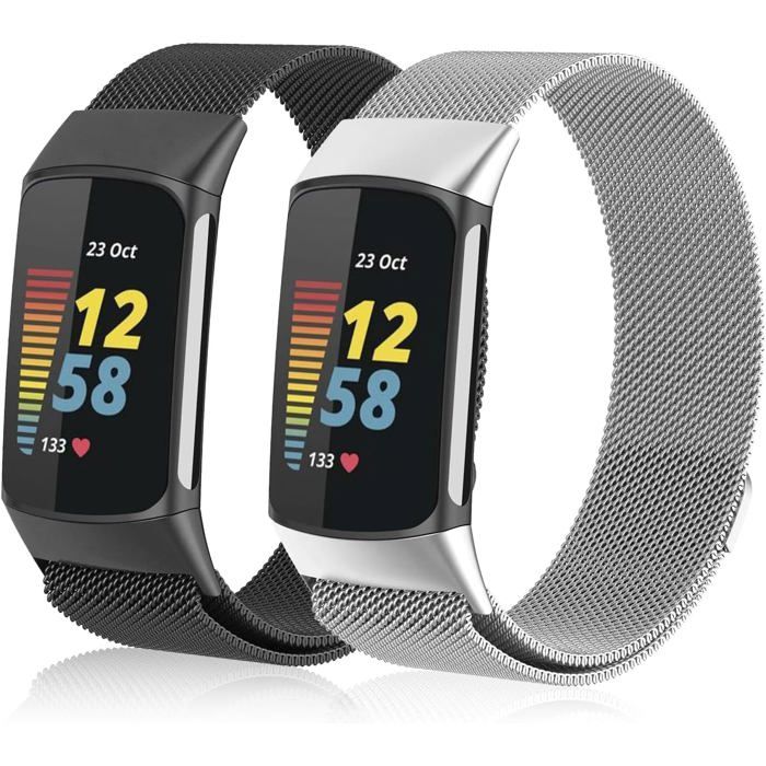 Bracelet métallique pour Fitbit Charge 5/6 - Lot de 2 - Acier inoxydable - Réglable - Boucle magnétique