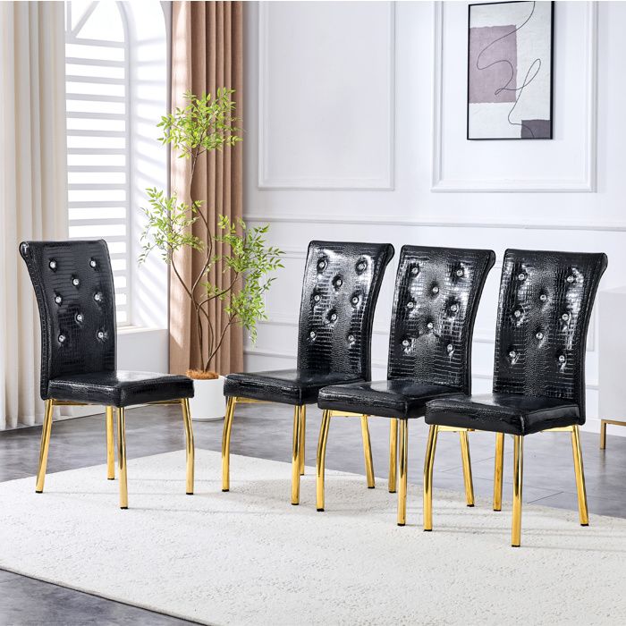 Chaises de Salle a Manger Lot de 4 Rembourrees Dossier Haut - BEAUNIV - Aspect Alligator Boutons Cristal Metal et PVC Noir et Or