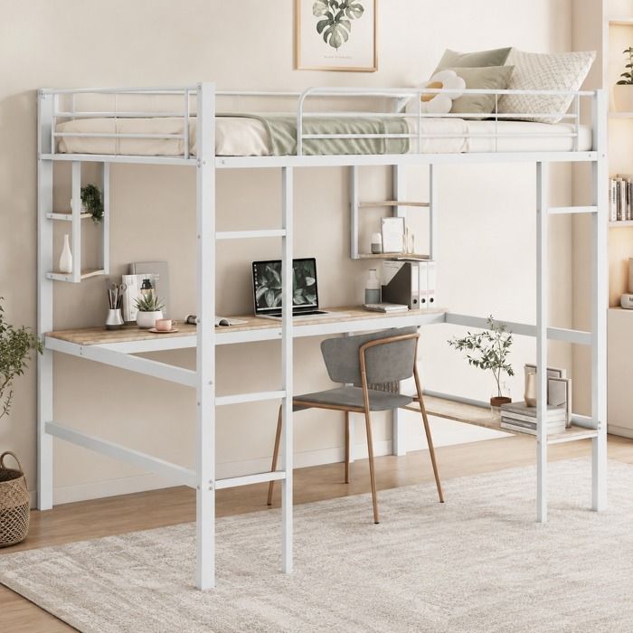 Lit mezzanine adulte 140x200 cm Lit enfant en métal avec bureau étagères de rangement échelle et sommiers à lattes - Blanc