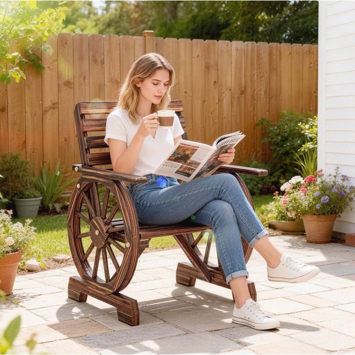 Chaise de jardin fauteuil de jardin en bois design roue de charrette style campagne 66 x 55 x 90 cm JOINERY
