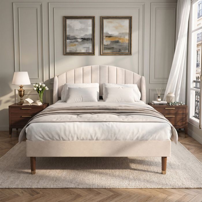 Lit 140x190 cm - Lit capitonné velours - Sommier à lattes - Beige - Structure métal