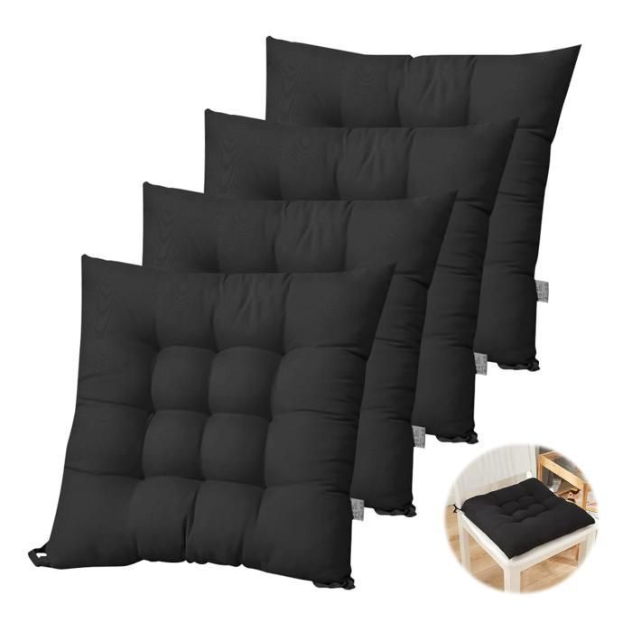 Lot de 4 coussins de chaise 40 x 40 cm avec rubans lavables pour chaise de bureau de jardin pour jardin balcon cuisine - Noir