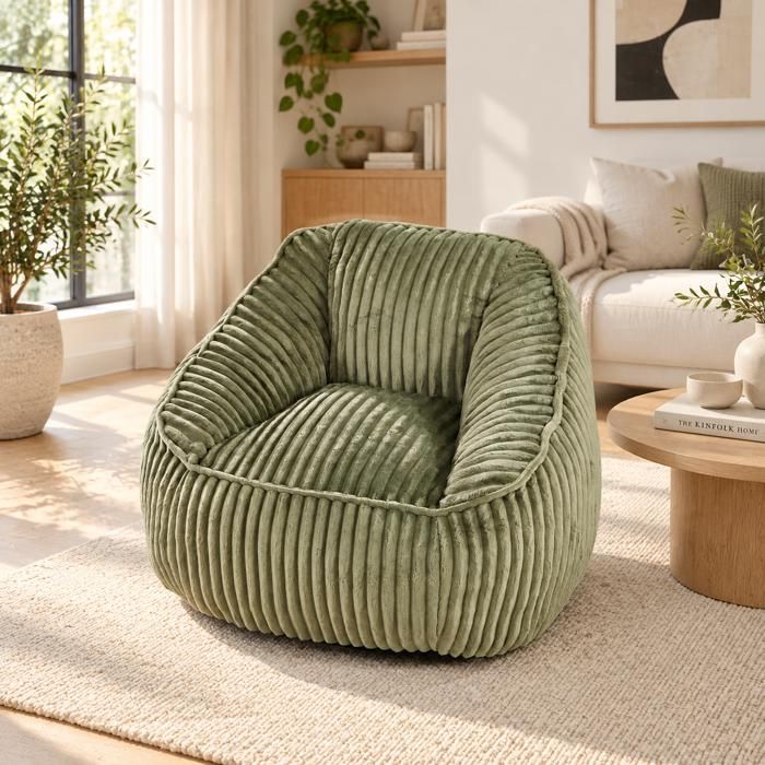 Pouf Poire en Mousse Fauteuil Bean Bag en Velours Côtelé Doux et Moelleux Assise Confortable pour Salon Chambre Vert Olive Cosy