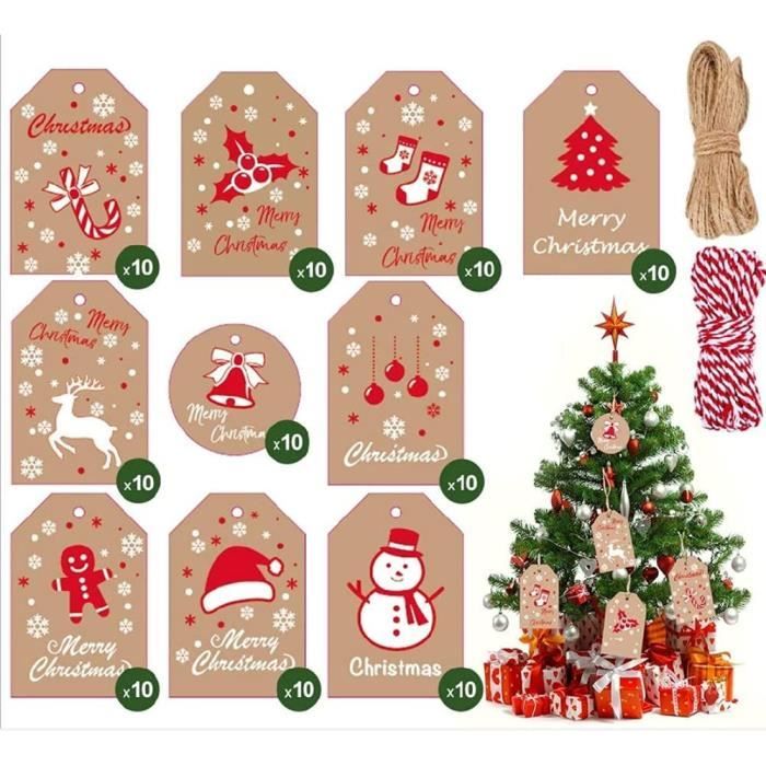 Lot De 100 étiquettes Cadeaux Noël En Papier Kraft - Formes étoiles, Gants, Sapins, Avec Ficelle