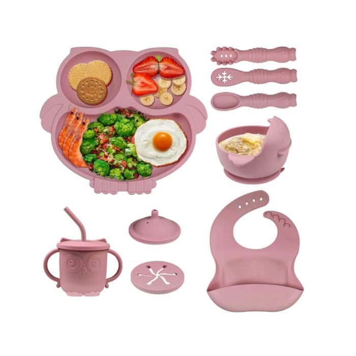 Set Repas Bébé 10 Pièces - Assiette Ventouse Silicone + Bol + Bavoir + Couverts - Vert