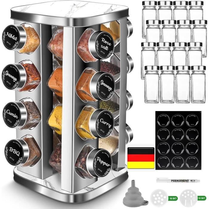16 Pots à épices 260ml Avec Bouchons - Rangement Transparent Pour Herbes Et Poudres