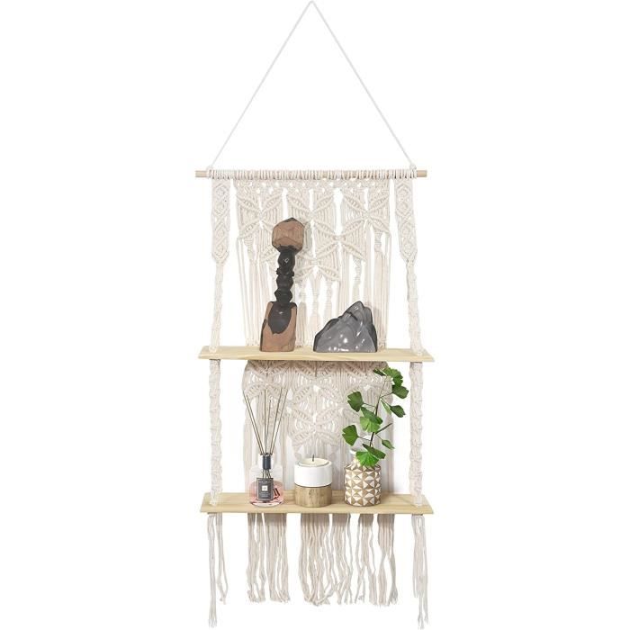 Étagère Murale Bohème Macramé 2 Niveaux – Bois Et Corde Naturelle, Déco Plantes Suspendue Salon Chambre