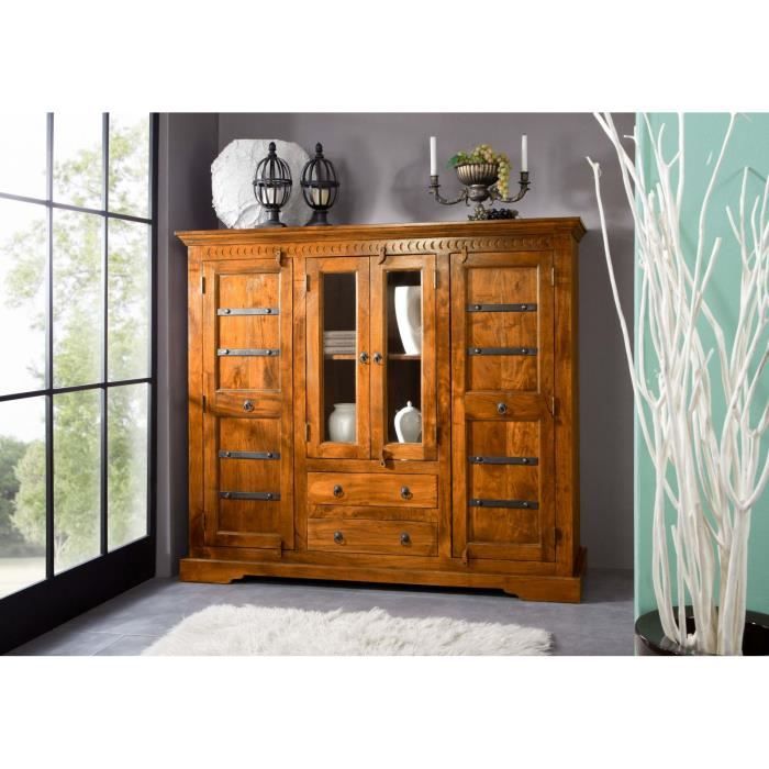 Buffet avec vitrine - Bois massif dacacia laqué (Miel) - Style colonial - OXFORD #0418