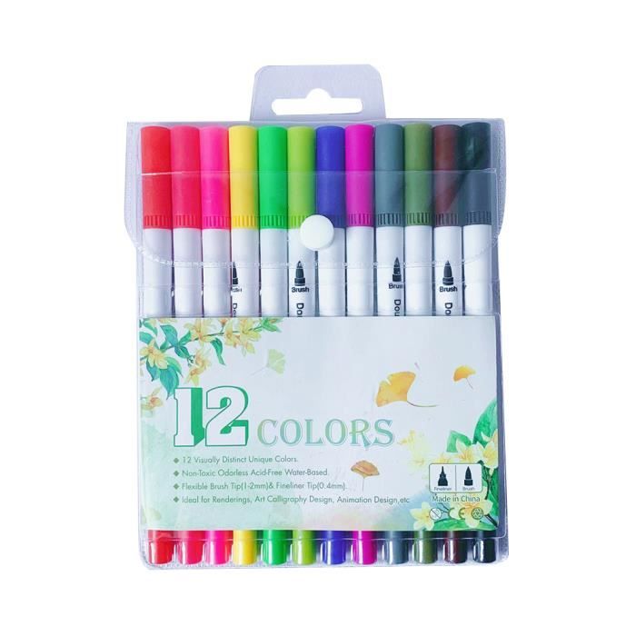 Feutres Coloriage Adultes Enfant 12 Colors Brush Pen Stylos Pointe Fine  Feutres Pinceaux Feutre Aquarelle Double Pointe pour Dessin