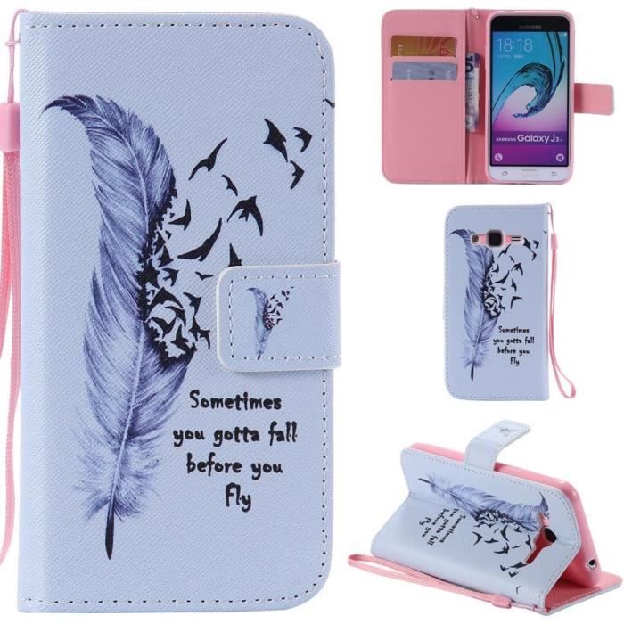 Samsung Galaxy J3 2016 Coque PU Cuir Flip Wallet Fonction Support avec Porte Cartes Dragonne 