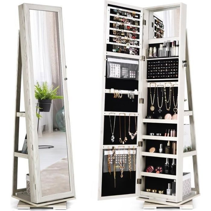 COSTWAY Armoire à Bijoux Pivotante à 360 Degrés avec Grand Miroir Psyché et Etagère de Rangement à L’Arrière Blanc