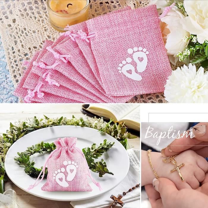 24pcs Rose Sacs de Baptême Sachet Dragée Jute avec Cordon de Serrage