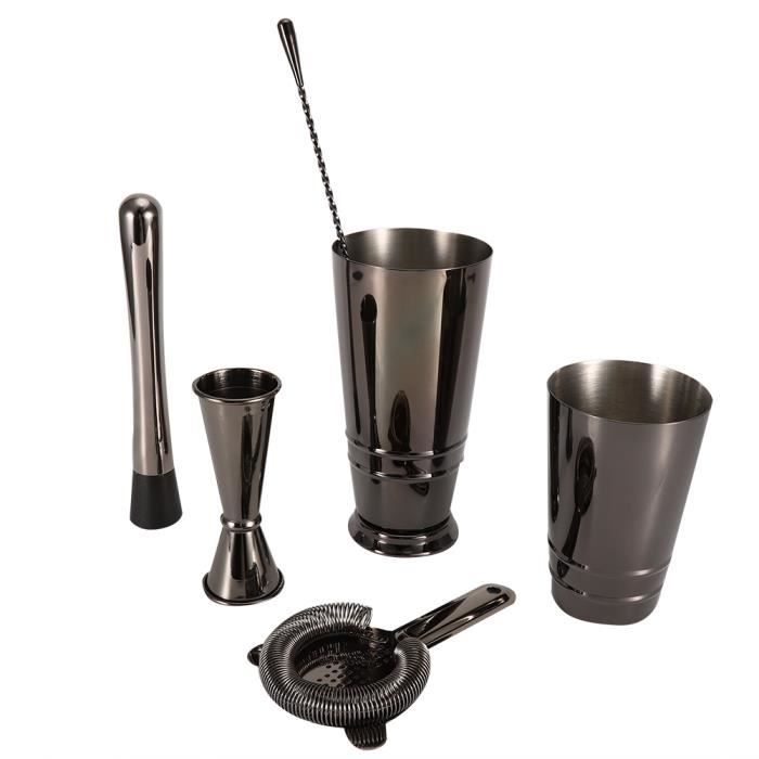 5pcs set shaker de cocktail boston acier inoxydable kit cuillères à mélanger tasse à mesurer passoire noir-hen