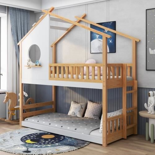 Lit cabane FINA lit simple pour enfant 90 x 190 cm, avec barrières de  protection sur 3 côtés, en pin massif lasuré blanc