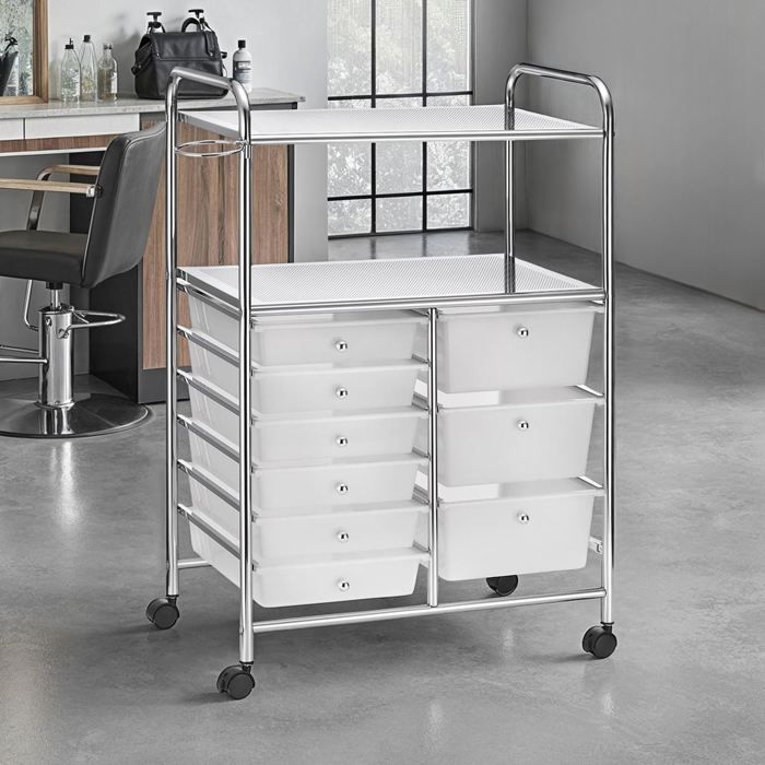 Caisson sur roulettes MARITA chariot 9 tiroirs en plastique blanc transparent et 2 étagères rangement salle de bain en métal chromé