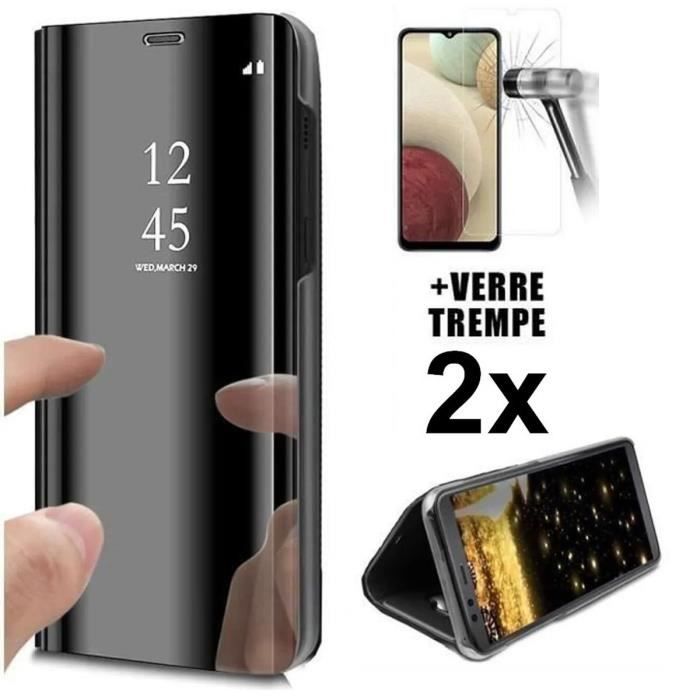 Coque Rabat Miroir Noir + Verre Trempe Pour Samsung Galaxy S22