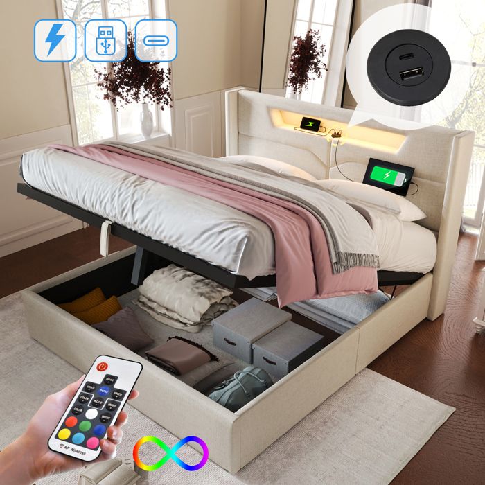 OKWISH Lit Adulte 140x200cm - Cadre de Lit avec éclairage LED et Chargement USB Type C - Lin Beige (Sans Matelas) OKWISH Lit Adulte 140x200cm - Cadre de Lit avec éclairage LED et Chargement USB Type C - Lin Beige (Sans Matelas)