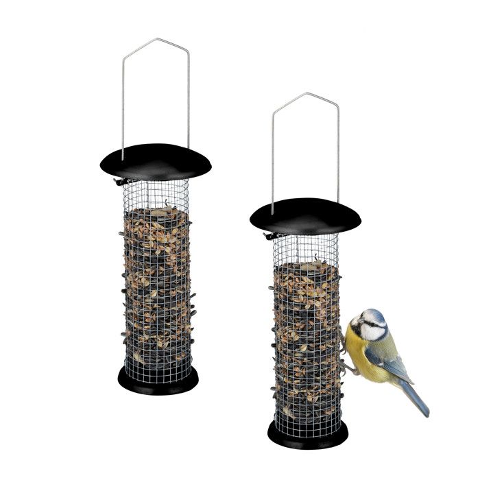 Comparer les prix de Relaxdays Mangeoire à oiseaux (sauvages), lot de 2, suspension, en métal, H x D : 33 x 10 cm, noir et argenté