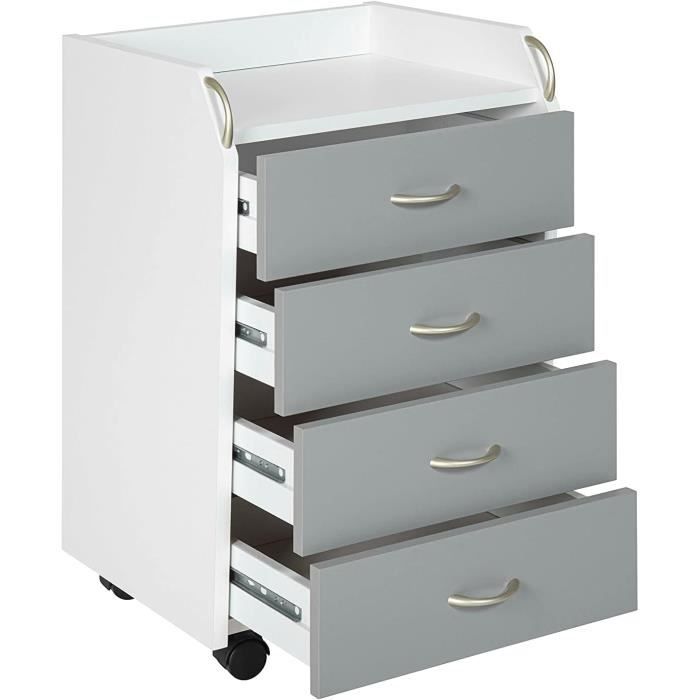 caisson de bureau 4 tiroirs sur roulettes meuble rangement mobile vernis lxpxh: 40x36x65 cm blanc - gris printi[j3391]