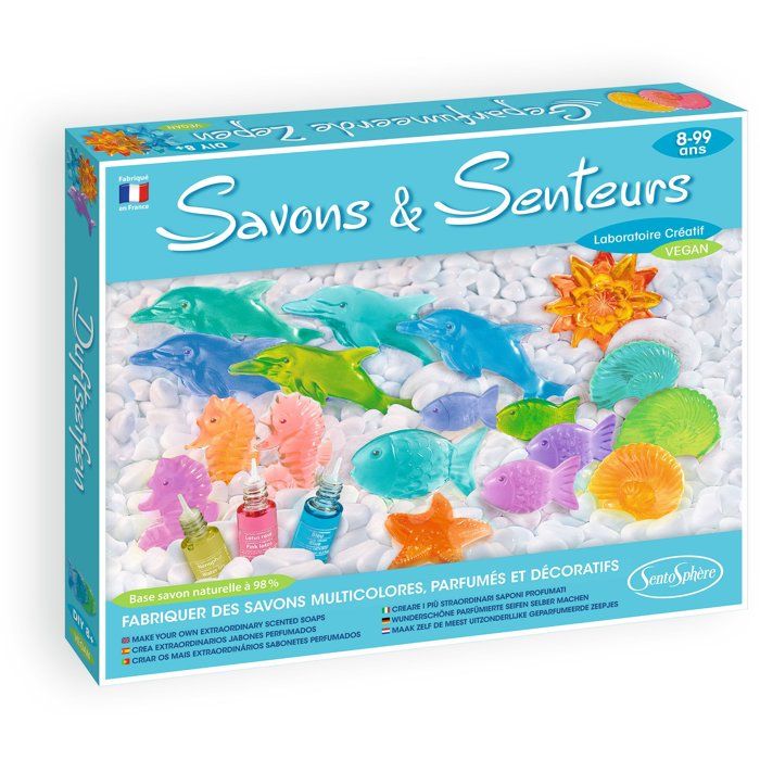 Kit Cosmétique - SENTOSPHERE - Savons et Senteurs - Mouler des savons - Base Glycérine - Parfums et Colorants - Dès 8 ans